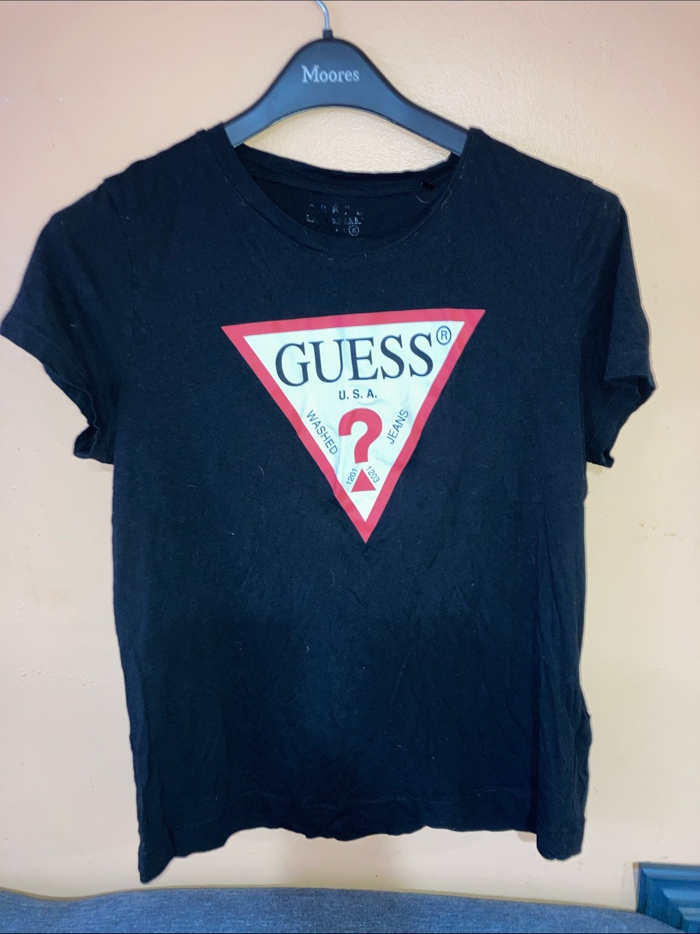 GUESS Black Tee with Red & White Triangle Logo